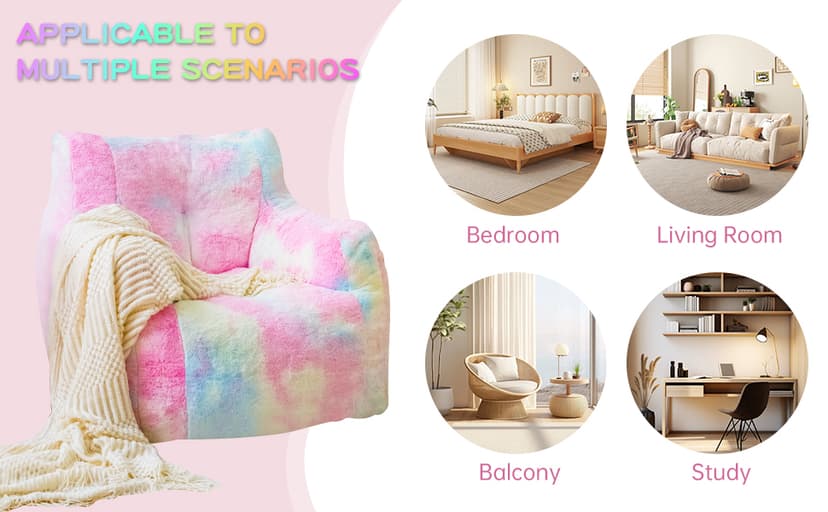 Bean Bag Chair with Filling, Faux Fur Comfy BeanBag Chairs for Teens, Adults, Bedroom, Living Room, Reading - Rainbow