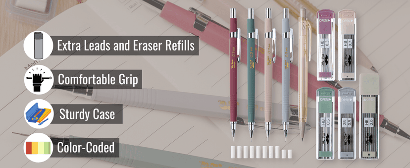 Mr. Pen- Art Mechanical Pencil Set, 5 Vintage Mechanical Pencils (0.3, 0.5, 0.7, 0.9, 2.0mm), 5 HB Lead Refills & 10 Eraser Refills, Precision Drawing Pencils for Sketching, Writing & Artwork