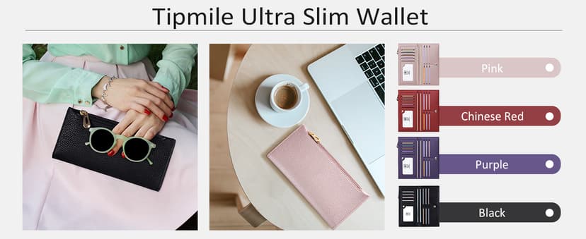 Tipmile Slim Wallet for Women, RFID Blocking Credit Card Holder, Ladies Bifold Wallet with Zipper, Black