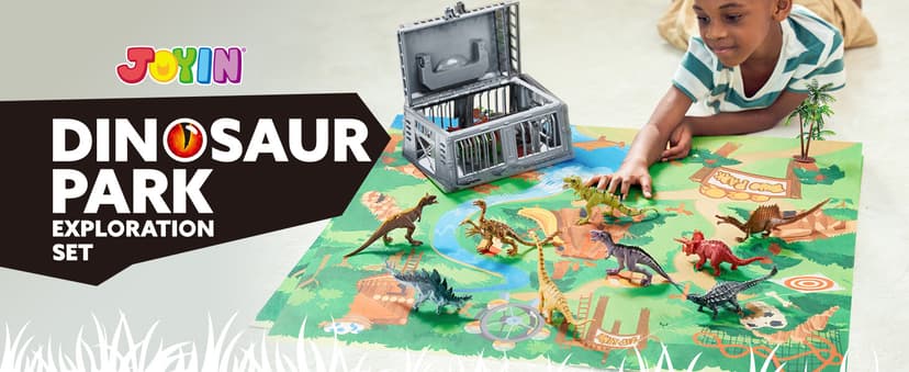 JOYIN Dinosaur Toys with Activity Play Mat & Storage Cage, 19 PCS Realistic Dinosaur Figures & Trees for Toddlers Kids Ages 3-5, Ideal for Boys and Girls Gift