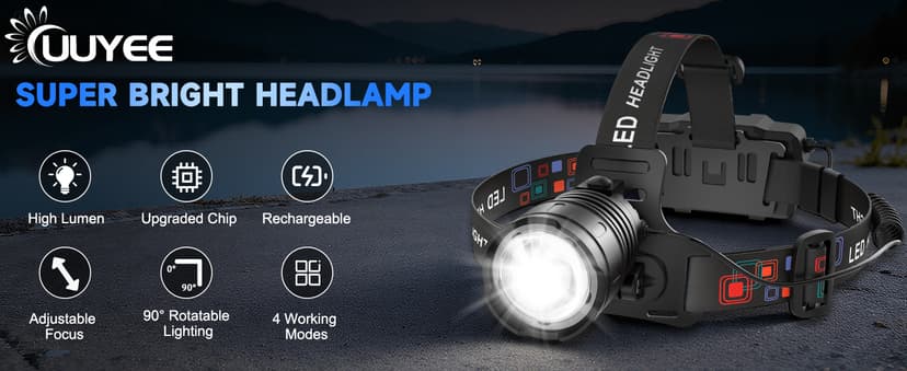 Rechargeable Headlamp High Lumen, 3000L Super Bright Head Lamp, 90° Rotatable Head Lights for Forehead, Adjustable Focus Headlight Flashlight, 4Modes LED Headlamps for Adults Hardhat Camping (2Pack)