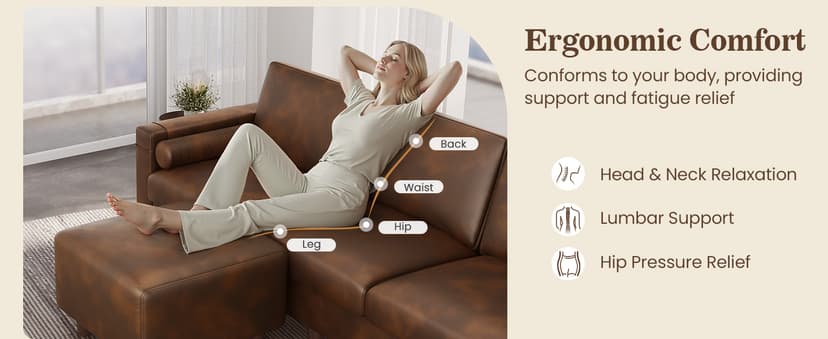 Vesgantti 100" PU Faux Leather Sofa with Movable Ottoman, 3 Seater L Shaped Leather Sectional Couch with Side Pocket, Comfy Mid Century Modern Modular Couch for Living Room, Apartment, Cocoa