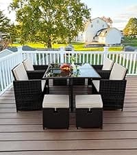 Yaheetech 3 Pieces Rattan Bistro Set, Outdoor Wicker Patio Modern Conversation Furniture, 2 Chairs & Tempered Glass Coffee Table for Garden, Balcony, Backyard, Poolside, Black/Beige