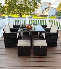 Yaheetech 7 Piece Patio Furniture Set, Outdoor Dining Acacia Wood Table Top Rattan Conversation Set with Soft Cushions, 6 Chairs & 1 Table for Backyard, Deck, Garden & Yard, Black/Beige