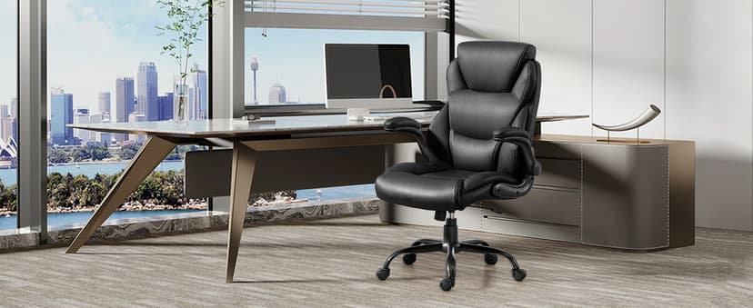 Brage Living 400LBS Big and Tall Office Chair, Heavy Duty Leather Executive Desk Chair with Padded Flip-up Arms, Swivel Rolling Computer Chair for Home Office, Black
