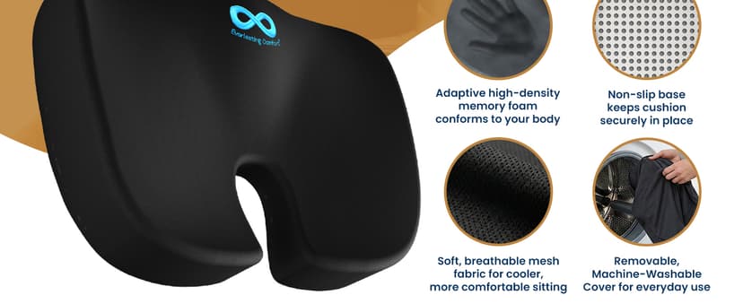 Everlasting Comfort Doctor Recommended Memory Foam Seat Cushion for Office Chairs & Car - Ergonomic Office Desk Accessories - Cushions for Tailbone Pain Relief, Sciatica (Black, X-Large)