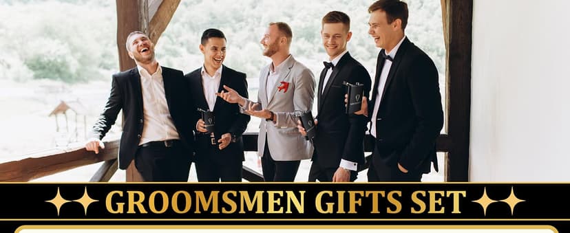 Complete Groomsmen Proposal Gift Set for Wedding with Flasks Shot Glasses Toiletry Bags Sunglasses Gift Cards and Bags Rigibright 70 Pcs Groomsmen Gifts Set of 7 for Wedding Best Man Gift B0DNW32F5Z