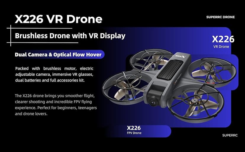 FPV Drone with Camera and VR Glasses, Brushless Motor Optical Flow Cool LED Lights Drones Dual Camera Switch RC Quadcopter 2 Batteries VR Drones for Beginners Adults X226 Drone