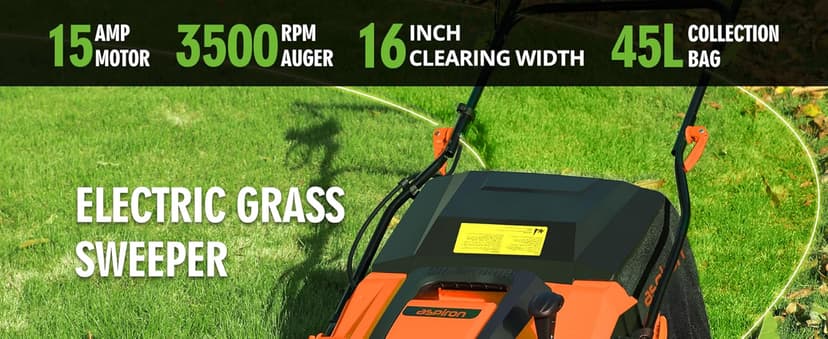 16” Artificial Turf Vacuum,1800w Grass Sweeper 15 Amp Lawn Sweeper Yard Power Brush with 45L Removable Leaf Collection Bag, Quick-Fold, Keeps Clear Sweepy Box, Orange