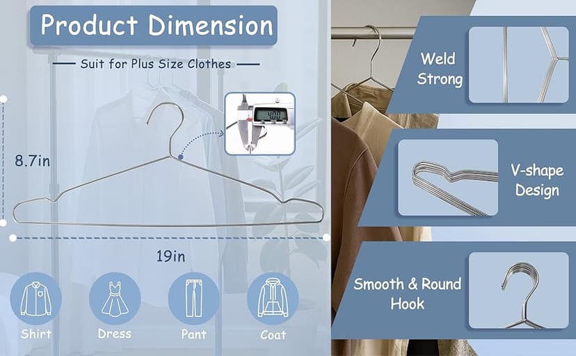 King Mills 19.6inch Stainless Steel Plus Size Hangers, Ideally Used as Extra Large Hangers for Heavy-Duty Clothes, Shirts, Oversized Coats, Dresses and Etc. Silver. 10pk.