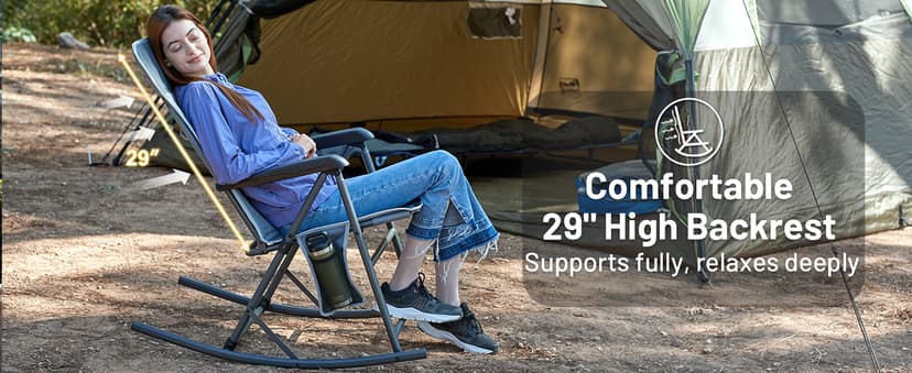 Timber Ridge 3-Level Adjustable Rocking Camping Chair, Padded High Back Outdoor Rocking Chair with Side Pocket, Portable Folding Rocker for Adults, Supports 300 LBS for Lawn, Patio, Porch