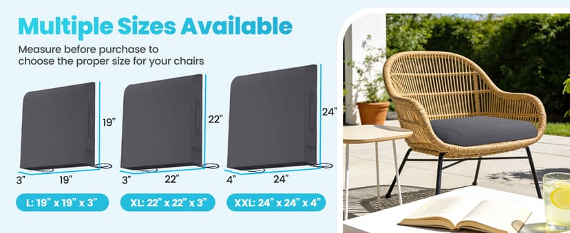 TasticTotes 19 x 19 x 3 Inch Patio Chair Cushions - Set of 2, Waterproof Outdoor Seat Cushions with Adjustable Straps and Handles, Fade-Resistant Chair Pads for Outdoor Furniture, Garden, Beach, Grey