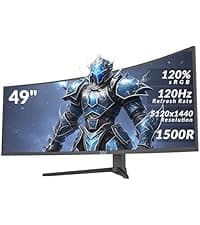 ZZA 49" Curved Gaming Monitor | 5120x1440 Dual QHD, 165Hz/144Hz, 1500R, 32:9 Ultra-Wide, AMD FreeSync, 120% sRGB, Height Adjustable, HDMI 2.1 & DisplayPort 1.4, VESA Mount, Black