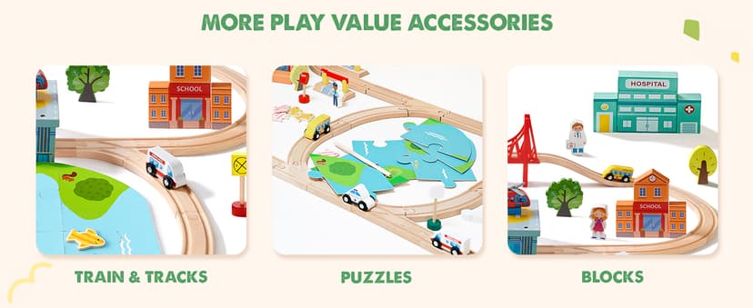 Tiny Land 110PCS Wooden Train Set – Toy Train with Tracks for Kids Ages 3-7, Compatible with Major Brands, Ideal Railway Playset for Boys and Girls, Great Birthday