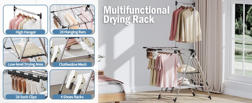 APEXCHASER Clothes Drying Rack with High Hanger, Foldable 3-Level Drying Racks with Shoe Rack, Crossbar and Vertical Rod Laundry Stand with Adjustable Wings Silver