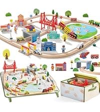 Tiny Land 110PCS Wooden Train Set – Toy Train with Tracks for Kids Ages 3-7, Compatible with Major Brands, Ideal Railway Playset for Boys and Girls, Great Birthday