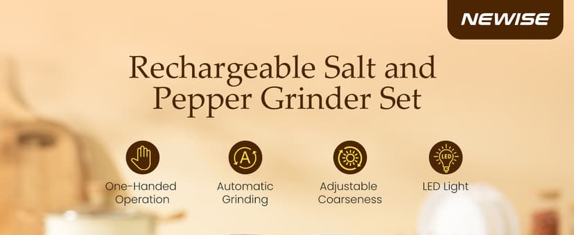 Salt and Pepper Shakers with Adjustable Coarseness, LED Lights, Large Capacity, Kitchen Appliances Gifts for Women Newise Electric Salt and Pepper Grinder Set, Rechargeable, Stainless Steel B0CZCNDWYB