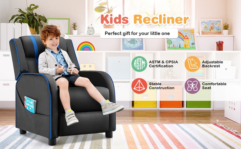Costzon Kids Recliner, Gaming Recliner Chair w/Side Pockets, Footrest, Headrest & Lumbar Support for Kids Room & Play Room, Adjustable Racing Style Leather Sofa for Children Boys Girls (Blue, Black)