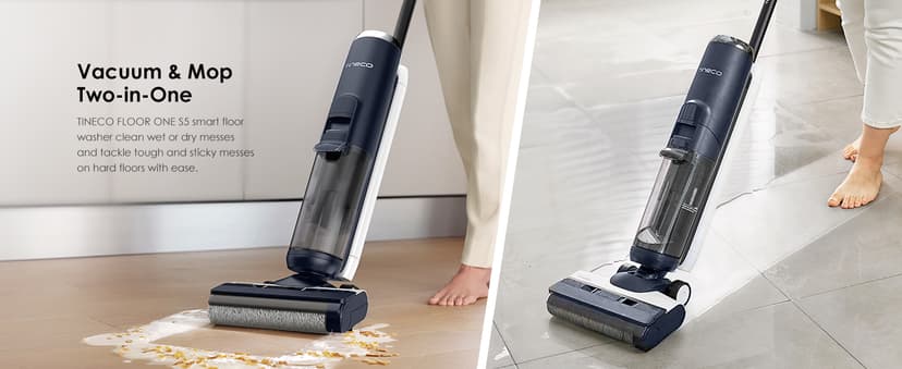 Tineco Floor ONE S5 Smart Cordless Wet Dry Vacuum Cleaner and Mop for Hard Floors, Digital Display, Long Run Time, Great for Sticky Messes and Pet Hair, Space-Saving Design, Blue