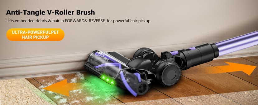 Cordless Vacuum Cleaner, 46KPa/500W Stick Vacuum with 55 Mins Runtime, Self-Standing Vacuum Cleaner for Home, LED Display, Anti-Tangle Brush, Rechargeable Vacuum for Hardwood Floor, Pet Hair (Violet)