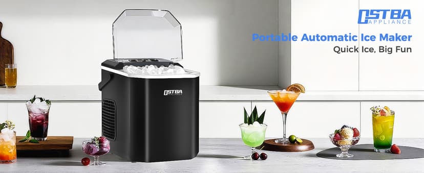 OSTBA Countertop Ice Maker Machine, Portable Ice Maker Makes 9 Bullet Ice Cubes in 6 Minutes, 26Lbs/Day Ice Makers Countertop with Self-Cleaning, Compact Mini Ice Maker for Home Kitchen RV Party