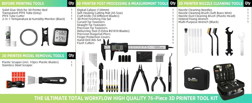 76pcs 3D Printer Tools Kit with Bag, 3D Printer Accessories includes Digital Caliper, Hygrometer, PTFE Tube Kit, Deburring Tool, Scrapers, Nozzle Cleaning, for Bambu Lab, Ender 3, FDM/SLA Printers etc