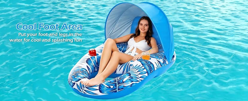 Jasonwell Pool Float with Canopy - Inflatable Pool Floaties Adult Lounger Floats Raft Floating Chair with Cup Holders for Swimming Pool Lake Water Lounge Float Beach Pool Party Toys for Adults