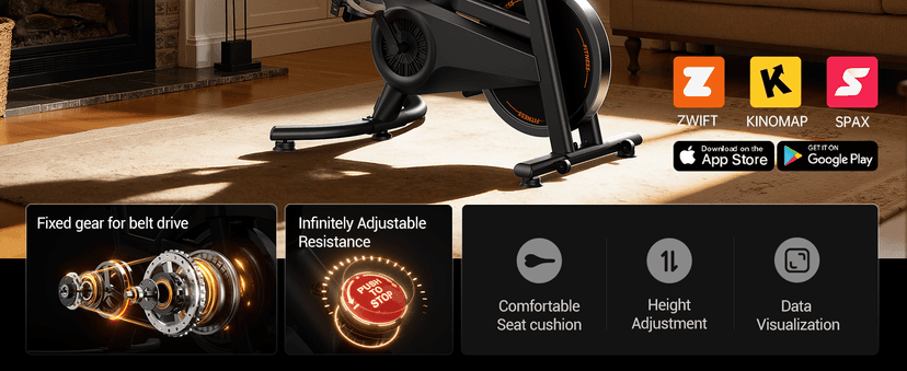 CURSOR FITNESS Exercise Bike, Brake Pad Stationary Bike for Home with Exclusive App, Stationary Bikes for Home with 300 lb Weight, Indoor Cycling Spin Bike Workout Bike with Extra Comfort Seat