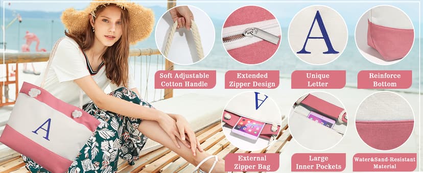 YOOLIFE Beach Bags for Women - Initial Canvas Tote Waterproof Bag with Makeup Bag Gifts for Women Mom Friend Birthday Her