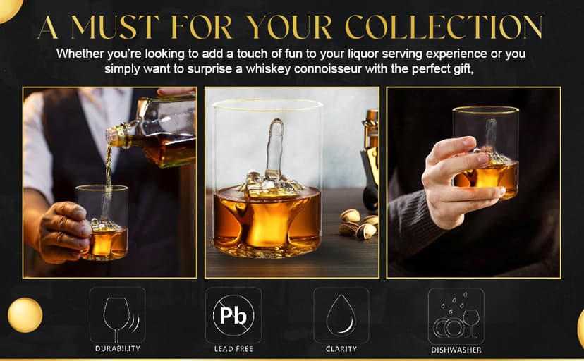 Middle Finger Funny Whiskey Glass – Premium Up Yours Funny Glass for Whiskey, Liquor – Luxurious Gold Rim – Home Bar Accessories Ideal for Man Cave, Fun Gag Gift Patent-Pending