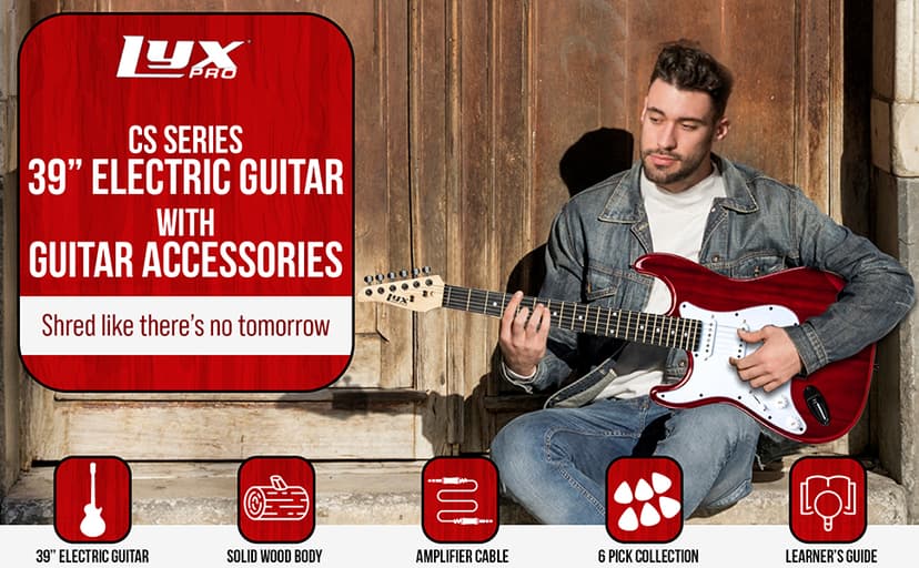 LyxPro CS 39” Left Hand Electric Guitar Kit for Beginner, Intermediate & Pro Players with Guitar, Amp Cable, 6 Picks & Learner’s Guide, Solid Wood Body, Volume/Tone Controls, 5-Way Pickup - Red