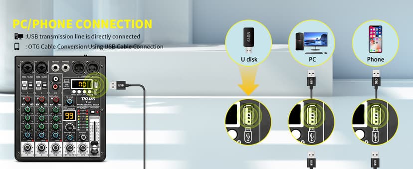 TKLBLS 4 Channel Audio Mixer, Professional DJ Mixer Sound Board Mixing Console with 99-Bit DSP Effect, Bluetooth USB Interface Stereo Mixer Board with 48V Phantom Power For Recording Live Stream