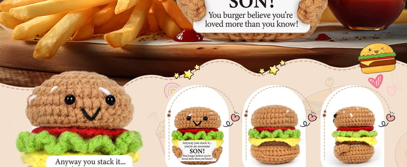 Mini Birthday Gift for Son from Dad Mom Handmade Crochet Burger for New Dad Son-in-Law Adult Sons New Father Christmas Basket Idea from Parents to Sons from Mother Father