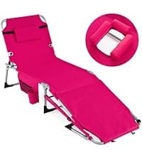 COSTWAY Tanning Chair with Face Hole, Folding Beach Lounge Chair with 4-Position Adjustable Backrest, Pillow & Side Pocket, Foldable Chaise Lounge Chair Outdoor for Sunbathing, Camping (1, Beige)