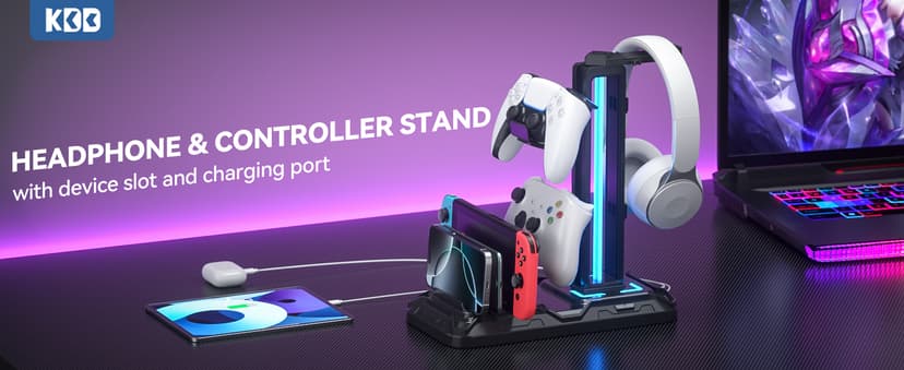KDD Headset Stand with Charging Station - Detachable Controller Holder with 9 Light Modes - Rotatable Headphone Hanger with USB A&C Charger Ports - Earphone Hook for PC Gaming Accessories Storage B0DGGH8KN1