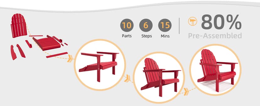 BUPPLEE Folding Adirondack Chair, 450 LBS Heavy Duty HDPE Poly Lumber Fire Pit Chair for Outside, All-Weather Resistant Plastic Adirondack Chairs for Patio, Garden, Deck & Backyard, Red