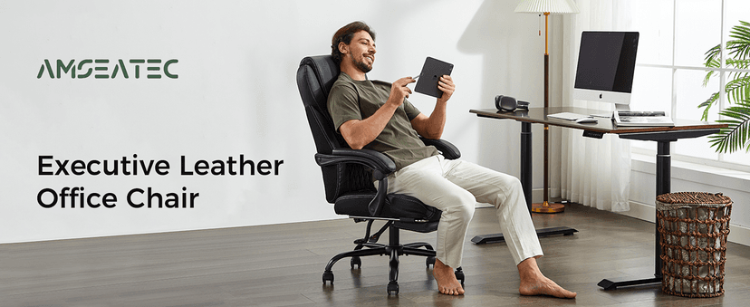 amseatec Office Chair, Big and Tall Office Chair with Foot Rest Ergonomic Chair for Home Desk, Reclining High Back Leather Chairs with Lumbar Support(Black)