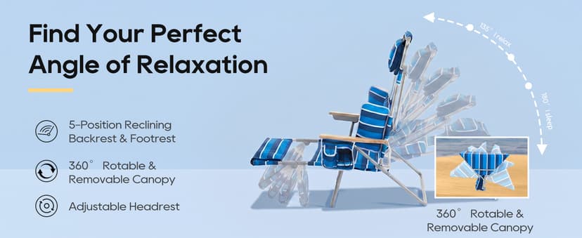 Oversized Beach Chair for Adults,5 Position Adjustable Tanning Chair with Sun Canopy,Folding Reclining Lounge Chir with Face Holes,Backpack Portable for Patio Pool Camping (Blue-White,Medium)