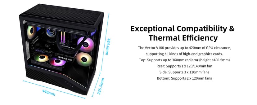 Lian Li V100 ATX Mid-Tower PC Case, 4 x 120mm ARGB PWM Fans Pre-Installed, LED RGB Strip, Display Platform with Tempered Glass, Support 420mm GPUs, 360mm Radiator, Optimized Airflow - Black (V100RX)