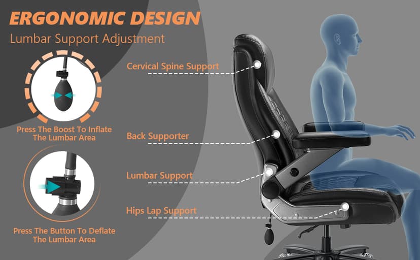 600LBS Large Heavy Duty Office Chair with 5D Flip Arms,Comfy Big and Tall Executive Office Desk Chair with Pocket Spring Cushion,High Back Computer Chair with Lumbar Support,Dual Rubber Wheel