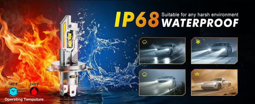 Termitor Upgraded H4/9003/HB2 Bulbs, 50,000LM 10X Ultra Bright, Real 1:1 Mini Size, 6500K Cool White H4 9003 Fog Lights Bulb with Cooling Fan, IP68 Waterproof, Plug and Play, Pack of 2