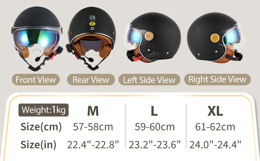 Retro Bluetooth 3/4 Open Face Motorcycle Half Helmet for Men Women - Dual Visors DOT Approved Lightweight Vintage Motorbike Helmet for Scooter Moped ATV Street Dirt Bike Commuting