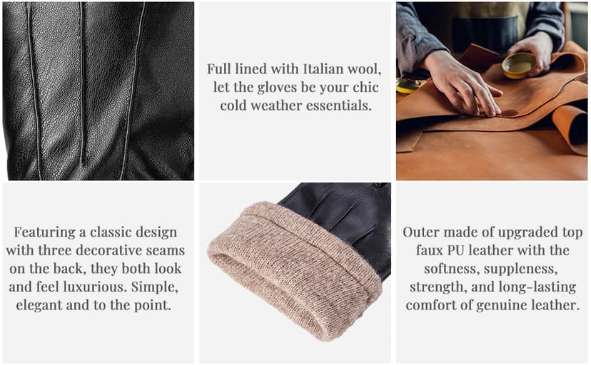 Alepo Winter PU Leather Gloves For Men, Warm Thermal Touchscreen Texting Typing Dress Driving Motorcycle Gloves Wool Lining