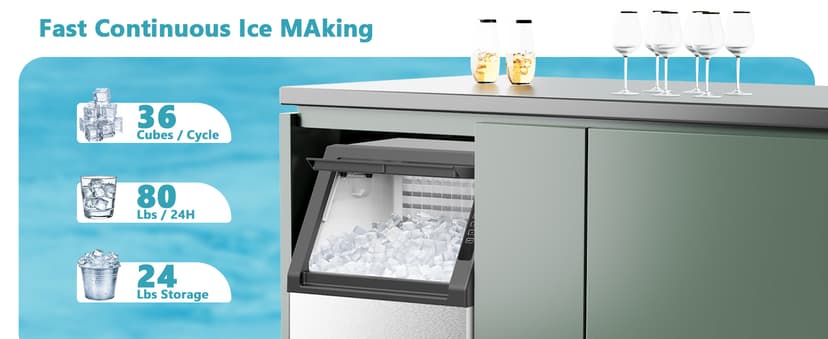 Commercial Ice Maker Machine, 80Lbs/24H Under Counter Ice Maker, Freestanding with Ice Thickness Control & Stainless Steel, 36 Cubes in 15 Mins, 28Lbs Storage Capacity, for Home, Bar, Cafe, Offices