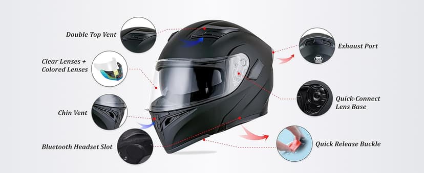Bluetooth Motorcycle Helmets DOT Approved, Flip-Up Full Face Modular Helmet with Dual Visors, Noise Cancelling Dual Speakers for Adults