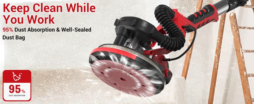 Drywall Sander, Popcorn Ceiling Removal Tool, 1000W Drywall Sander with Vacuum Dust Collector, 6 Variable Speed 500-2000rpm, 18pcs Sanding Discs, Led Light, Foldable & Extendable Handle