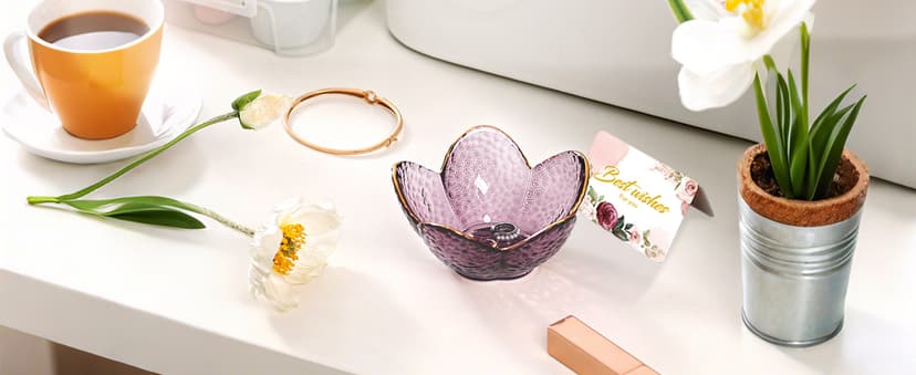 Purple Flower Jewelry Dish Glass Ring Dish Jewelry Tray Cute Vanity Organiser Room Decor Aesthetic Nightstand Bathroom Decor Trinket Dish Ring Holder Valentine's Friendship Birthday Gifts for Women