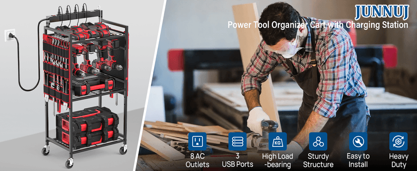 Floor Rolling, Large Tools Storage Cart on Wheels, Heavy Duty Drill Battery Station, Utility Rack Shelf for Garage Workshop JUNNUJ Power Tool Charging Organizer Cart, 8 Outlet 3 USB, 6 FT Cord, Red B0F378R323