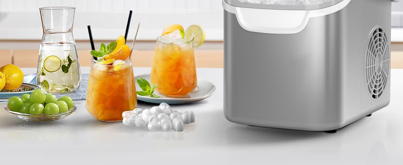 Portable Countertop Ice Maker Machine with Handle, 9 Bullet-Shaped Ice Cubes Ready in 6 Mins, 26Lbs/24H, Self-Cleaning Function with Ice Scoop and Basket for Home/Kitchen/Party (Grey)