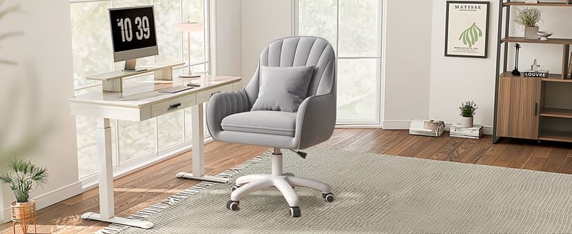 Mid Back Velvet Vanity Chair Swivel Rolling Desk Chair with Wheels, Modern Upholstered Makeup Chair for Women Girls, Computer Task Chair for Bedroom Living Room Office, White